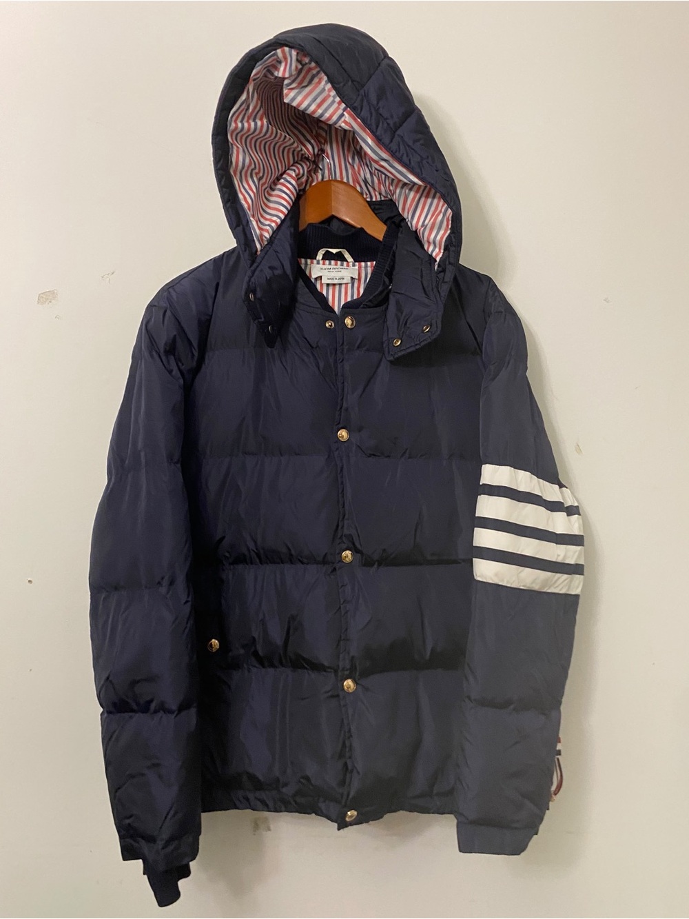 Thom Browne Navy Quilted Puffer Jacket with White Sleeve Stripes